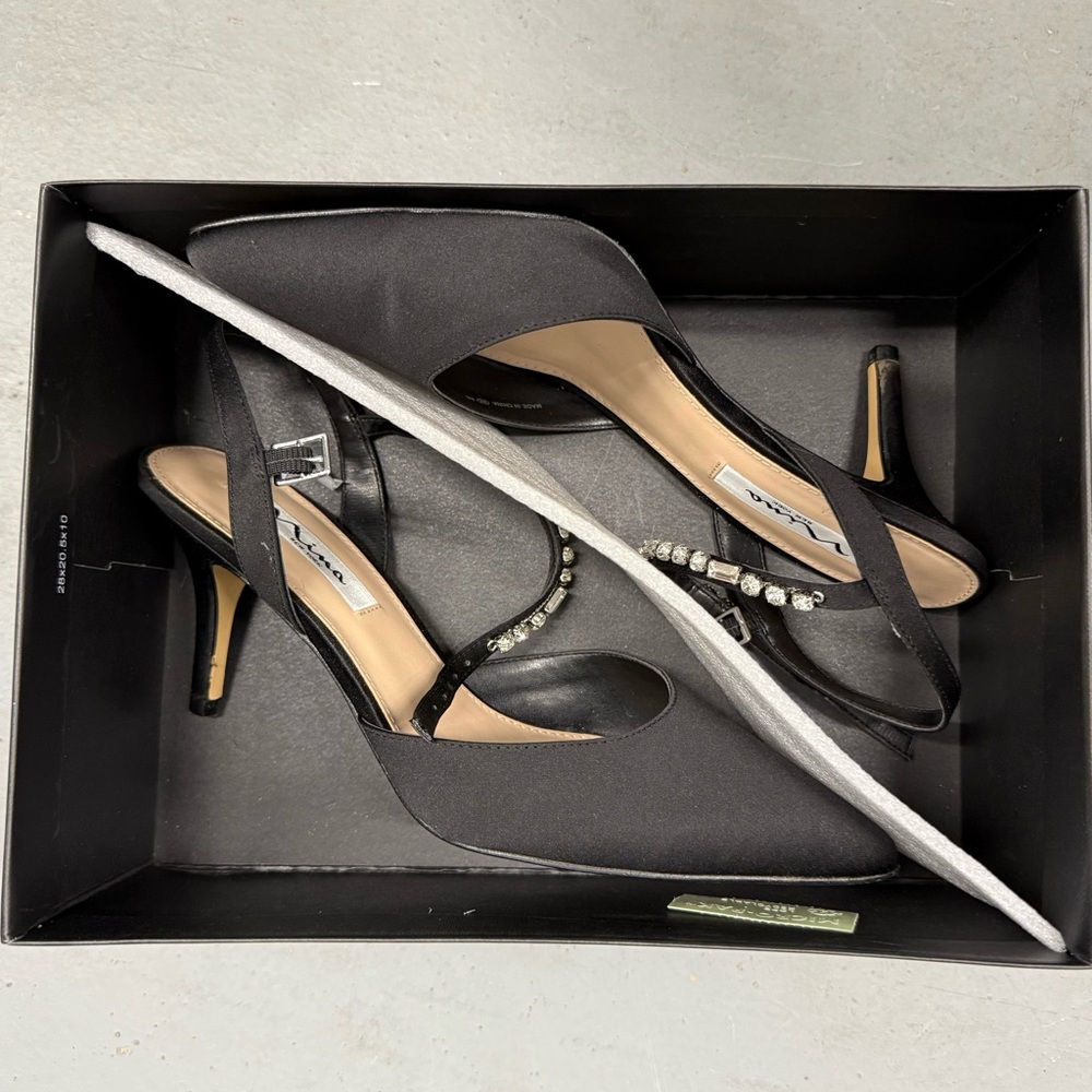 Nina 8.5 Black Satin 'Tucker' Slingback Heels, Rhinestone Strap in box worn once